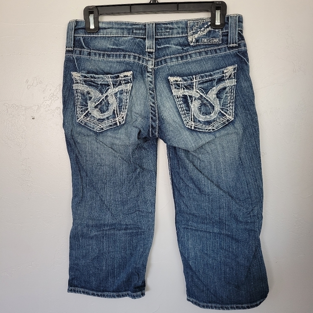 Big Star Capris Sz 27 Sweet Ultra Low Rise Jeans Embroidered Pockets Medium Wash